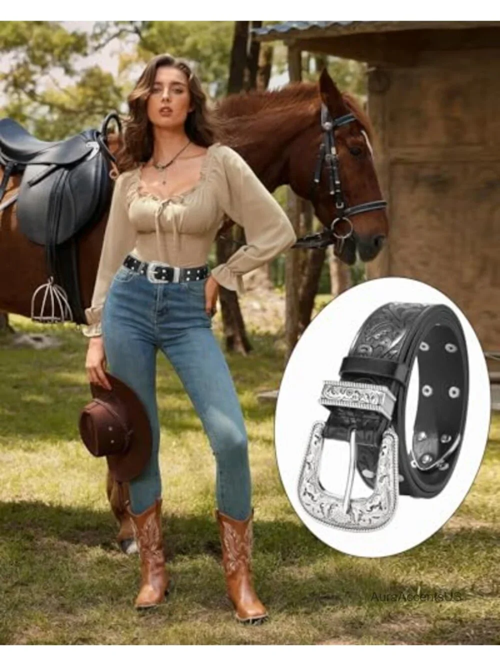 Vintage Engraved PU Leather Western Cowgirl Belt with Silver Buckle